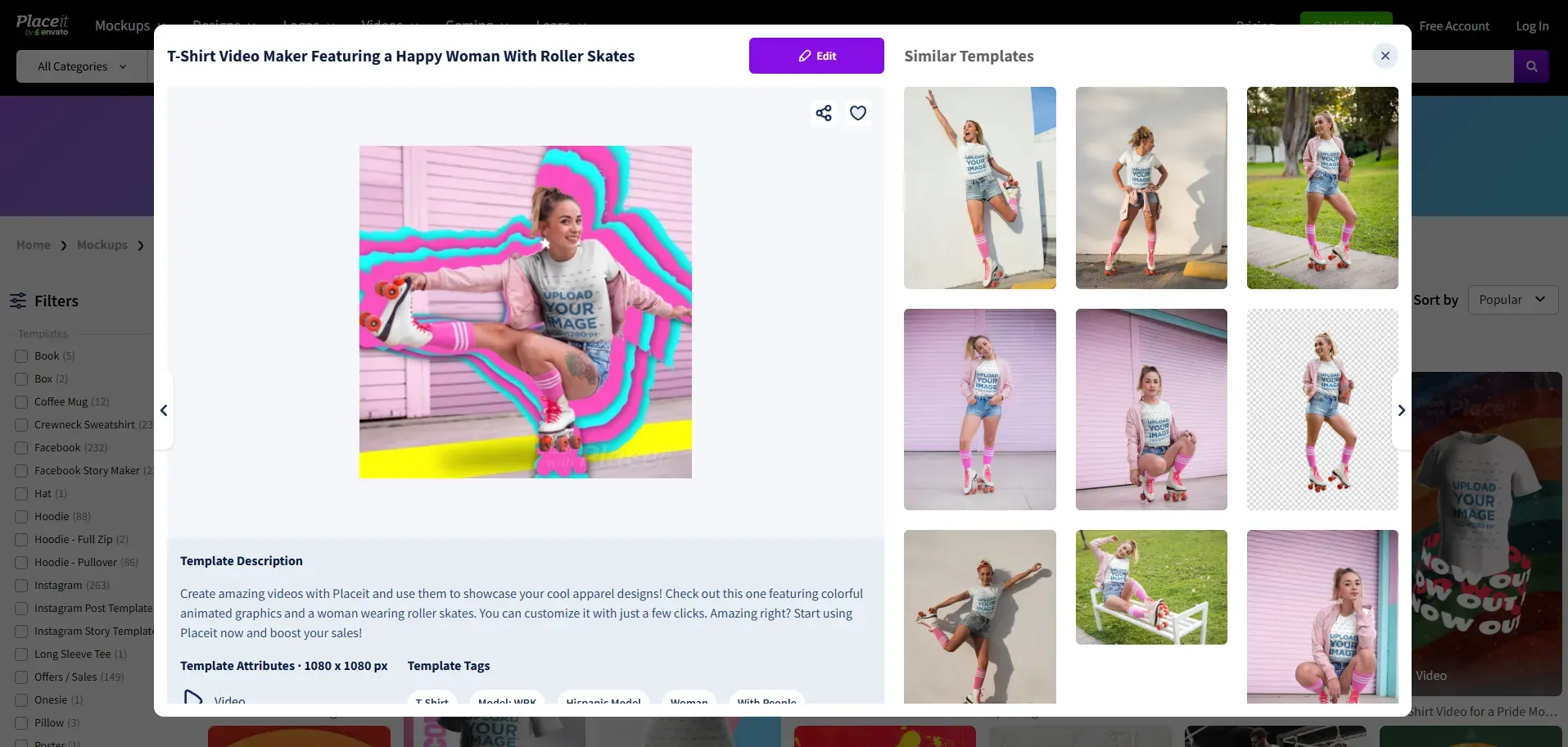Placeit T-shirt video mockup with a woman on roller skates and an 'Upload Your Image' design on the shirt.